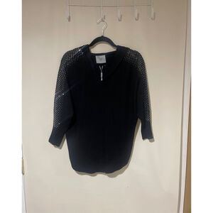 NWT Women's LIV MILANO Black Silver Studded hooded V-Neck Sweater M